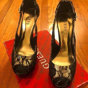 Guess Hondo Black and Gold Lace Peep Toe Pump 8.5